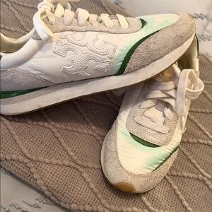 Tory Burch White and Green Athletic Shoes